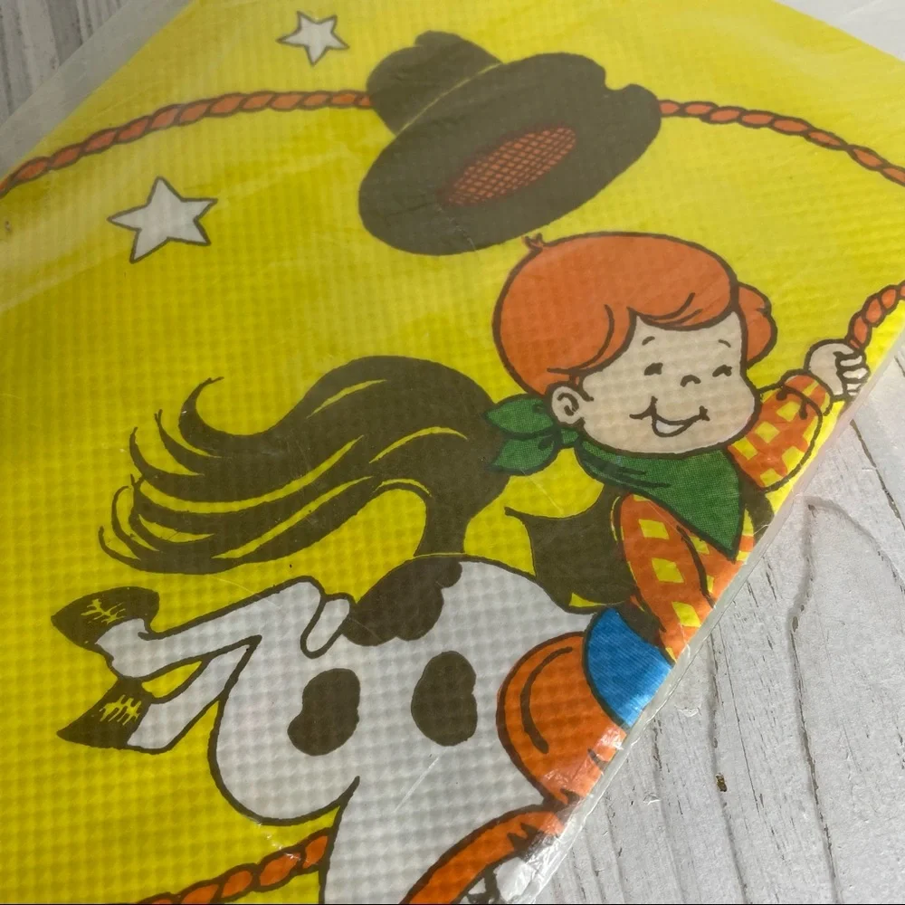 Vintage Forget Me Not Cowboy Rodeo Western Paper Tablecloth 54” x 96” NIP